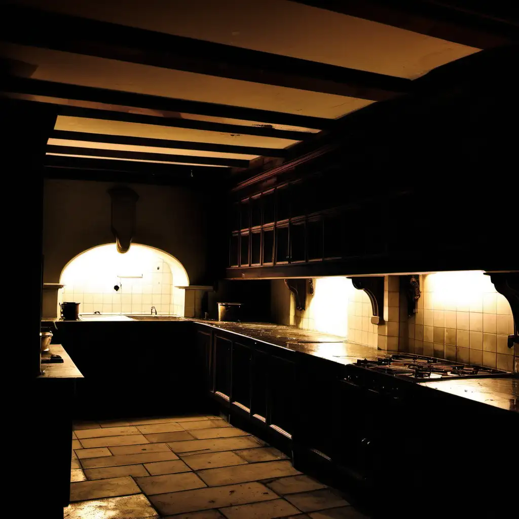 Old Dark kitchen low ceiling dimly lit in large manor house at night