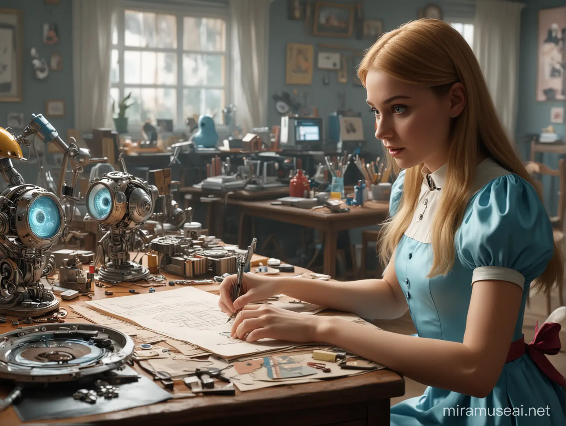 a scene from the cartoon movie Alice in Wonderland directed by Walt Disney,showing a scene from the future of a female graphic designer working with futiurtistic tools and artificial intelligence, photorealistic, high detail –ar 16:9