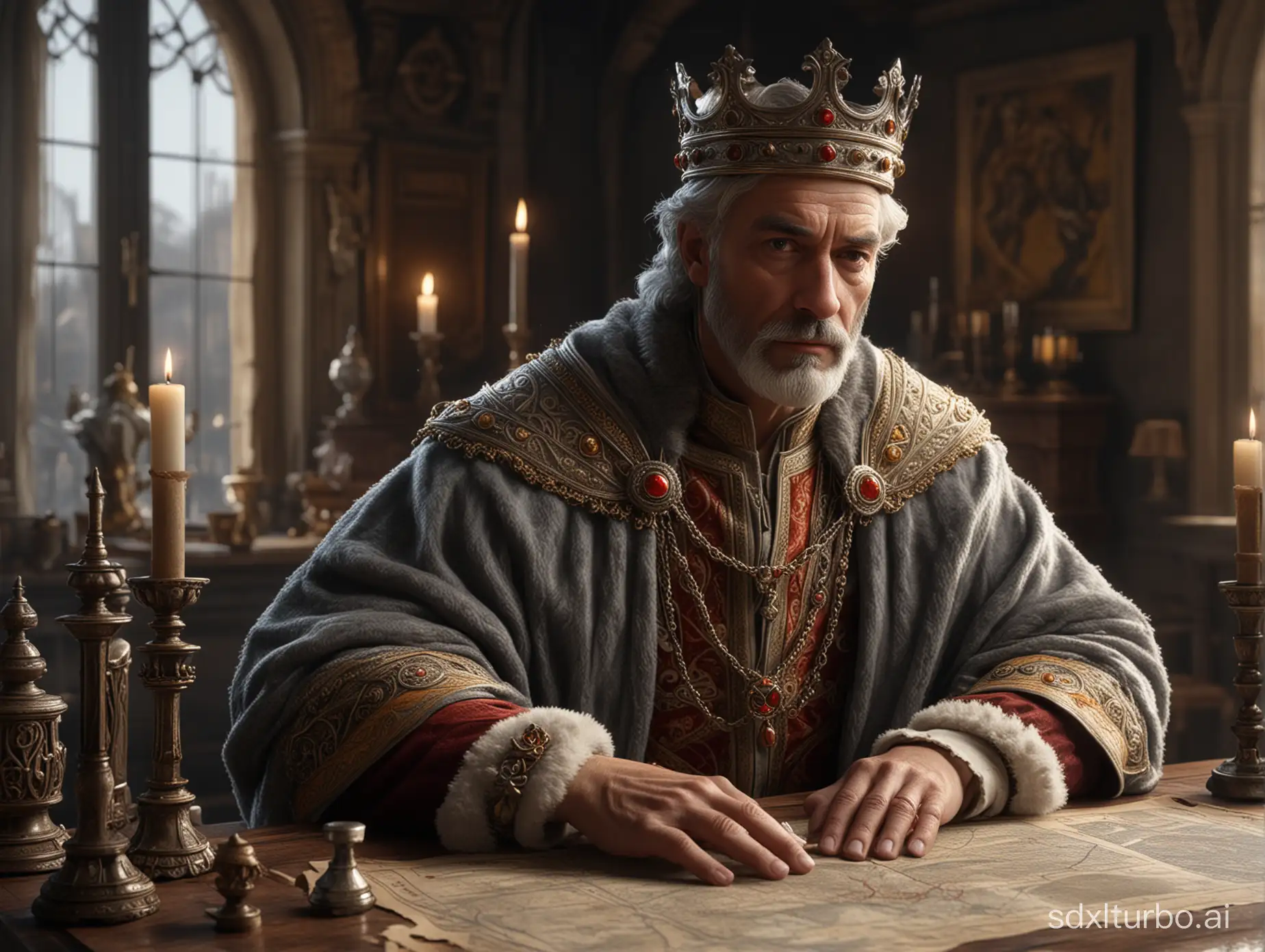 a gray-haired handsome (((king))) of about forty-five  with a crown on the head in medieval  gorgeous royal clothes standing at an antique table with a geographical map on it, perfect composition, beautiful detailed intricate insanely detailed octane render trending on artstation, 8 k, photorealistic concept art, soft natural volumetric cinematic perfect light, chiaroscuro,  masterpiece, caravaggio, greg rutkowski perfect composition, beautiful detailed intricate insanely detailed octane render trending on artstation, 8 k, photorealistic concept art, soft natural volumetric cinematic perfect light, chiaroscuro,  masterpiece, caravaggio, greg rutkowski