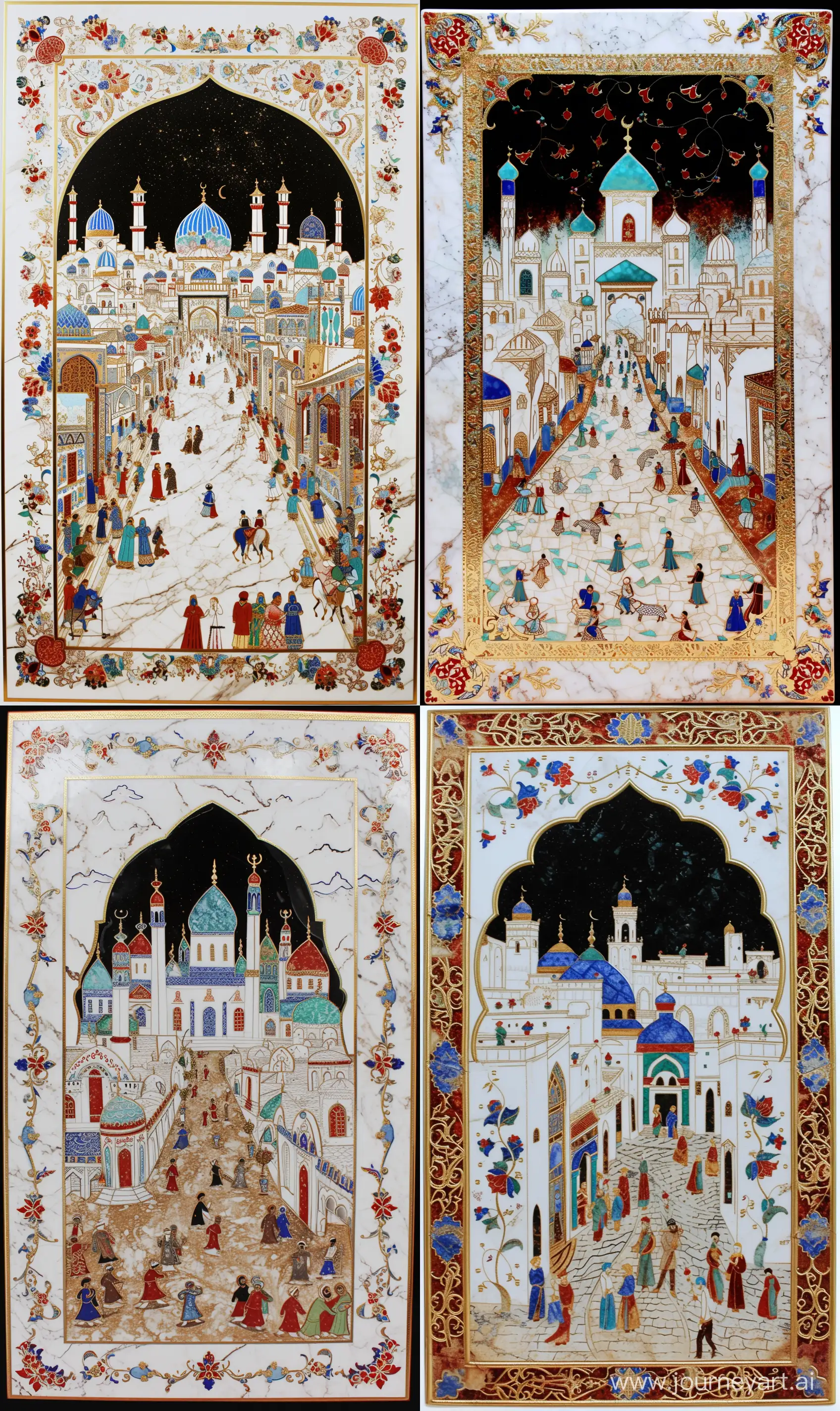 white solid marbled iznik porcelain panel: depicting a scene from a Persian miniature painting with blue red turquoise green mosques and black sky and people and brown street, gold outlines, red blue black persian and islamic arabesque floral motifs boldly embossed around shiny golden border; front view --ar 3:5 --v 6