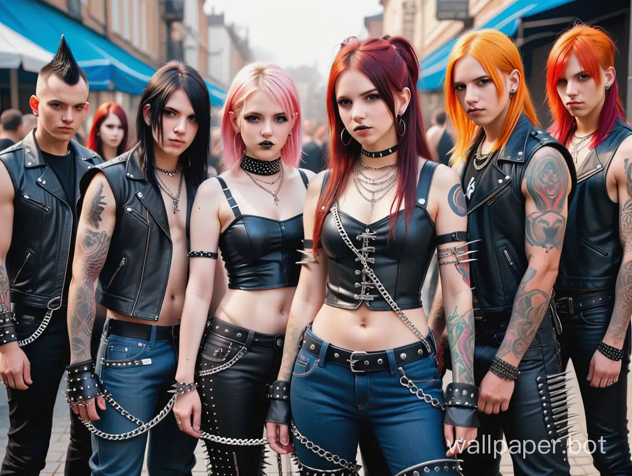 Metalheads  and  Punks and Goths and Rockers and Thrashers  and Crusties  with studded and spiked leather and denim accessories and spiked vambraces and chainmail  and chains  rioting