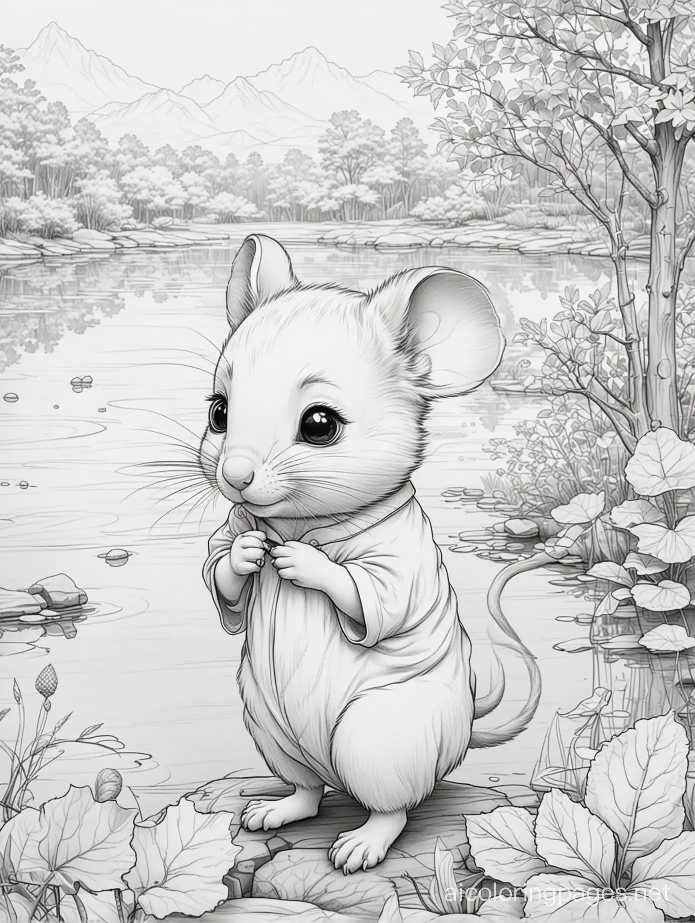 Outline sketch ,cute chibi little mouse, elegant , extremely detailed  masterpiece,  crisp quality,  line art , lake and trees background, Coloring Page, black and white, line art, white background, Simplicity, Ample White Space. The background of the coloring page is plain white to make it easy for young children to color within the lines. The outlines of all the subjects are easy to distinguish, making it simple for kids to color without too much difficulty