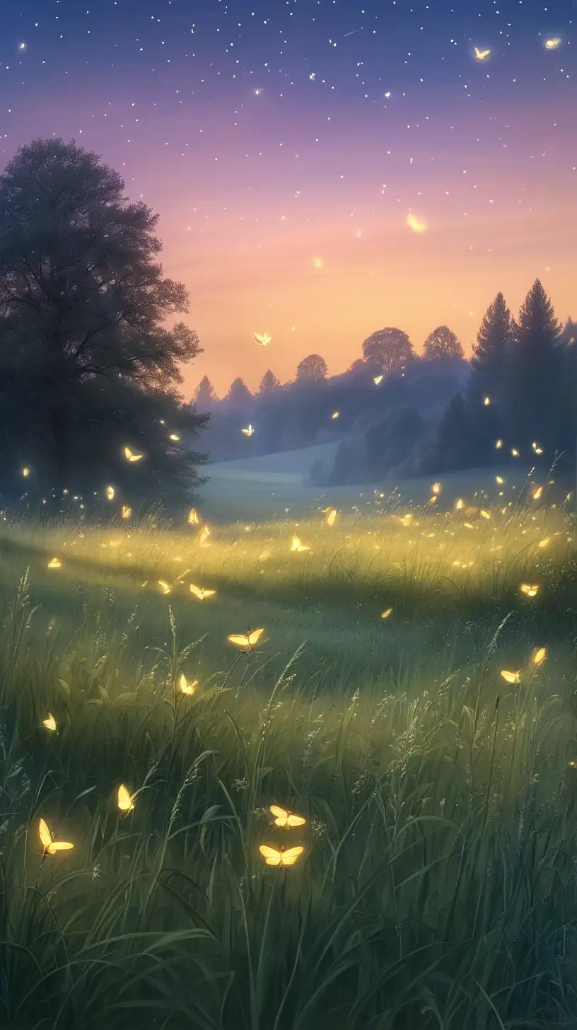 Picture a tranquil meadow bathed in the soft light of dusk, with fireflies illuminating the surroundings. Describe the colors of the sky, the gentle rustling of grass, and the magical atmosphere as the day transitions to night.