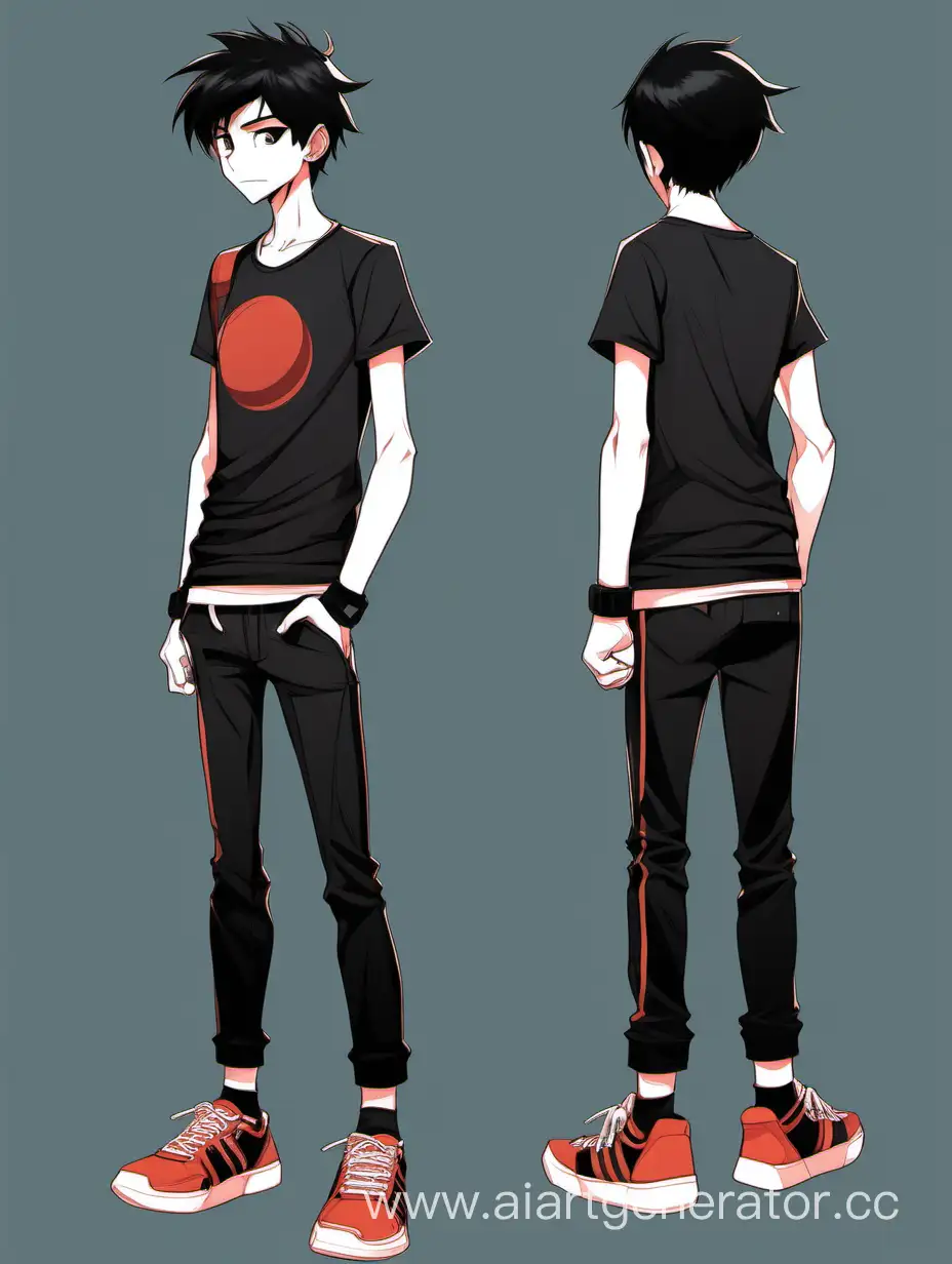 Generate a picture of a character with two poses, a camera in front of the character and a side view. The character is a 17-18 years old boy with red-black hair, skinny but pumped up. the boy is strong in spirit and is wearing a black T-shirt, black sports pants and black sneakers.