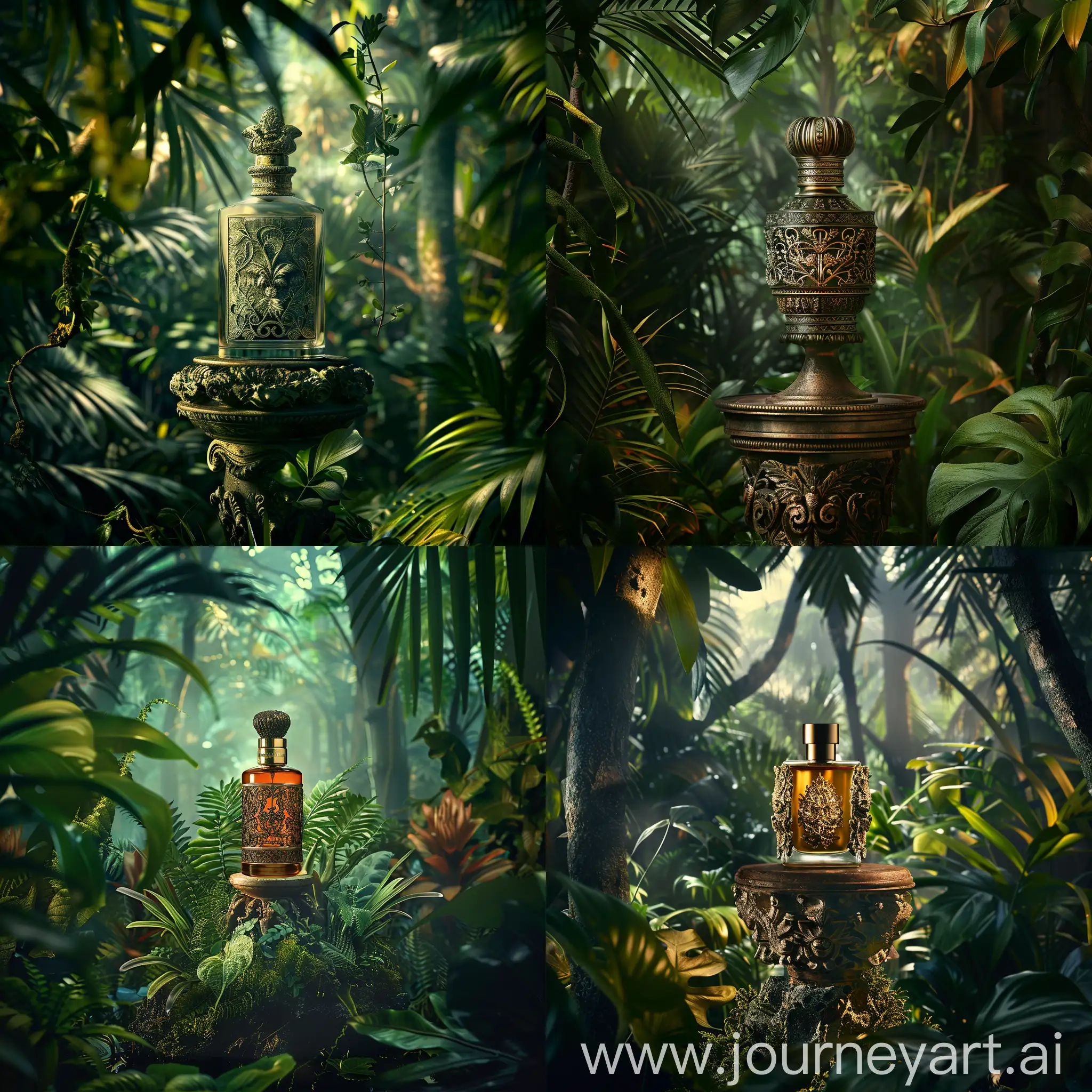 create a stunning cinematic photographic visual of a very beautiful intricately detailed wild perfume bottle, placed on an exotic pedestal in the middle of a dense jungle, product shot, brilliant frame, smooth tone, atmospheric lighting, golden ratio in the composition, dreamy vibrant jungle background