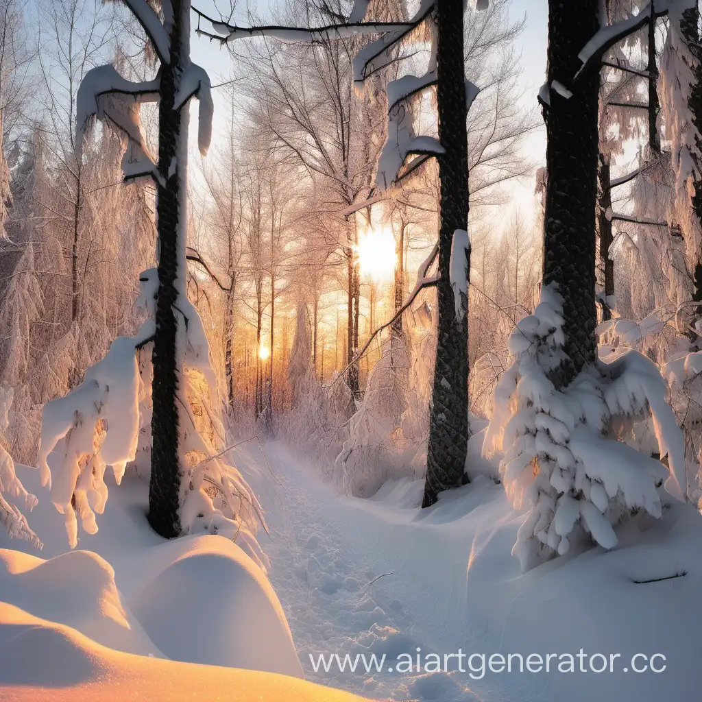 деревья усыпанные снегом закат солнца между деревьми сугробы