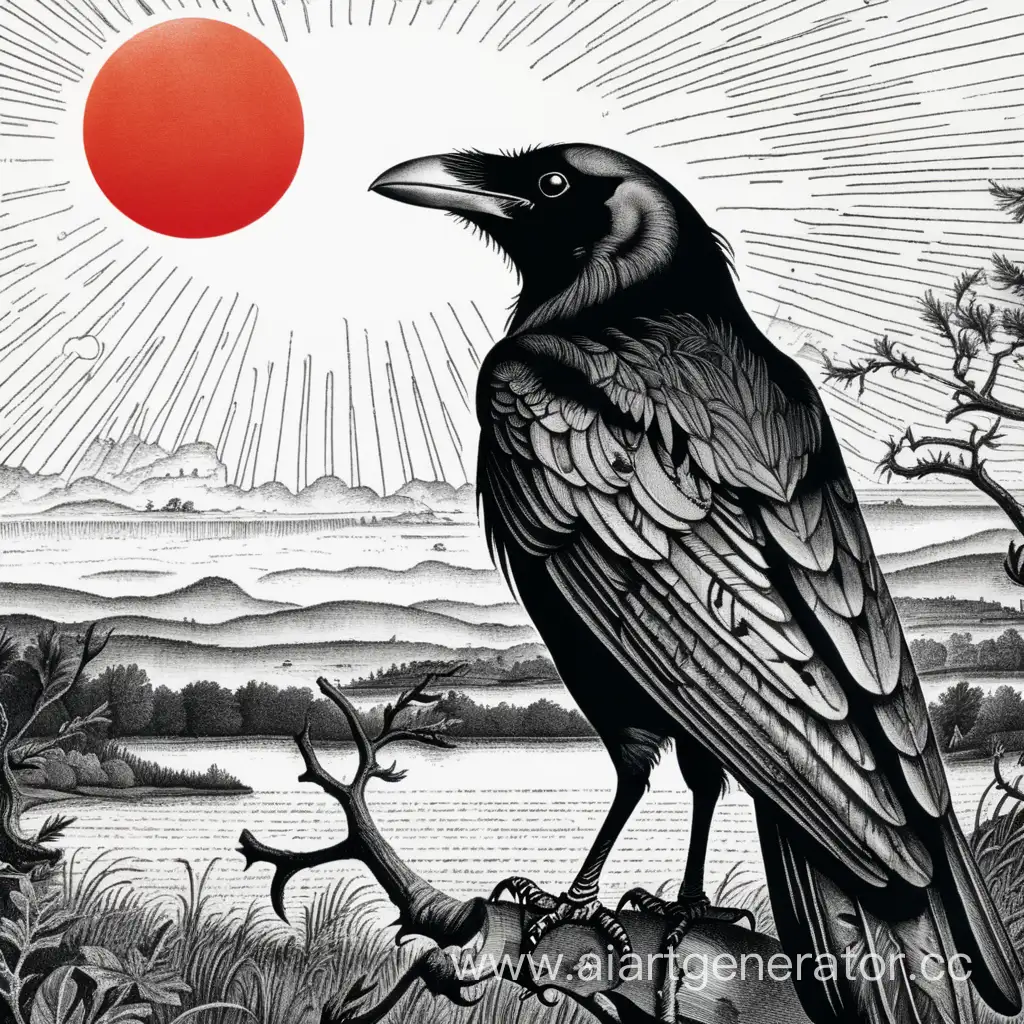 Majestic-Crow-Silhouetted-Against-Crimson-Sunset-Monochrome-Illustration