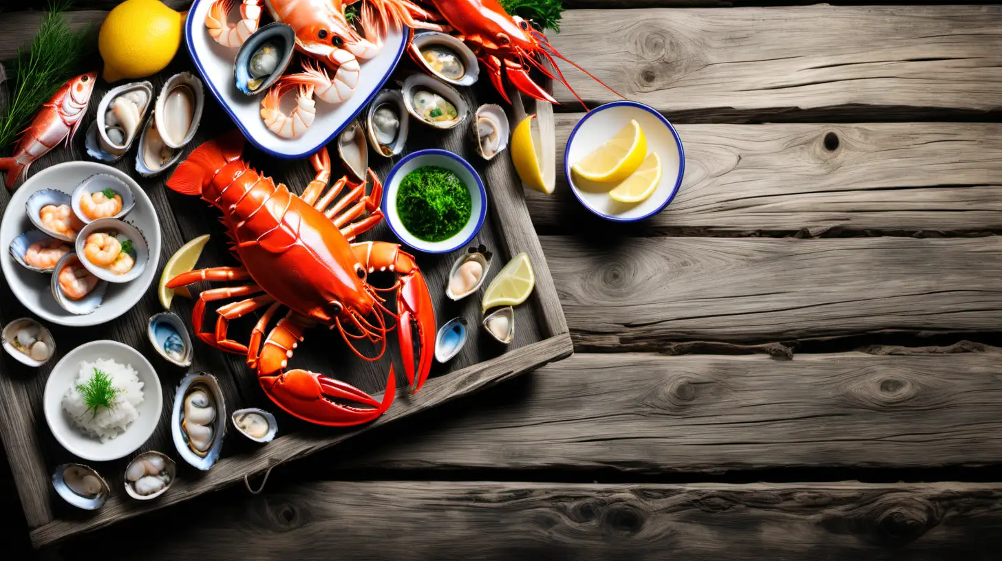 Delicious Fresh Seafood Spread on Rustic Wooden Table