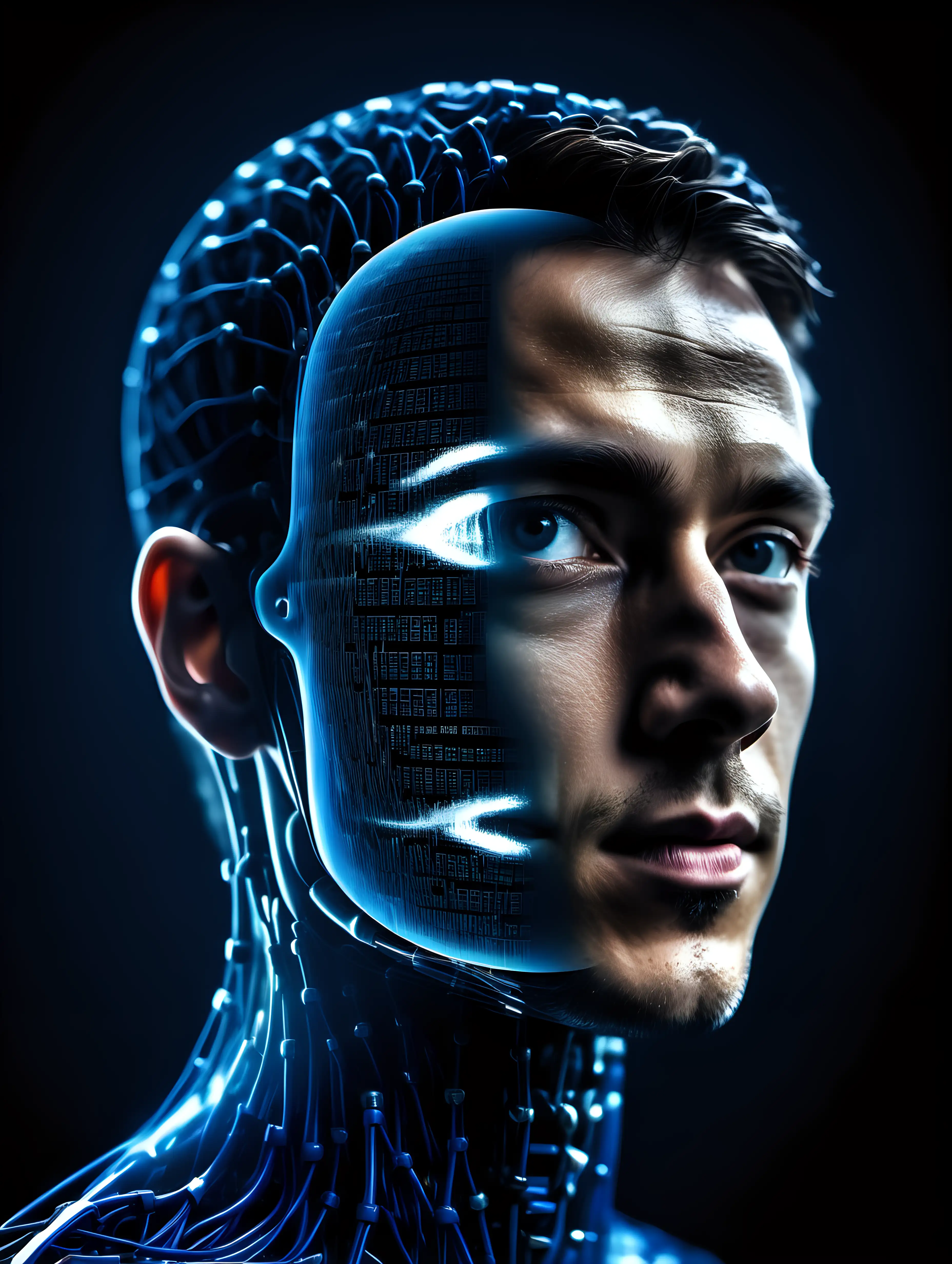 professional photo with slight reflection. dark background. dark blue high tech waves of neural network in bottom and double exposure nice man 17 years old human head half robot half human westworld style uhd 8k realistic detailed bit of matrix style 