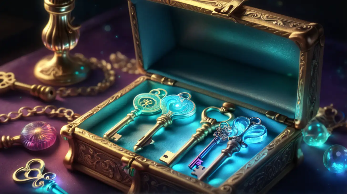 a treasure box of glowing glass keys with iridescent glow, fairytale, magical, library 8K.