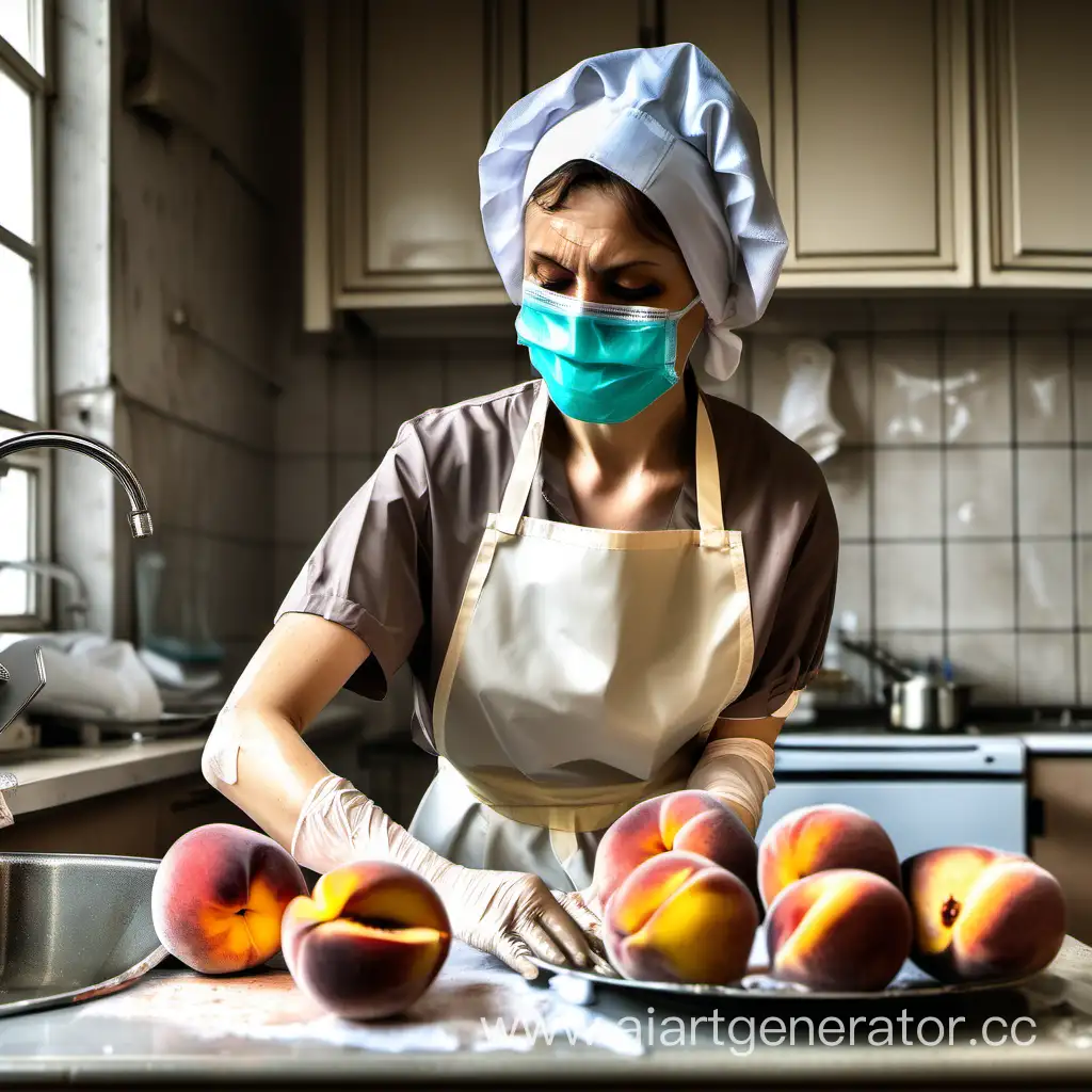 three tired maid easting messy dirty soiled peach oilcloth apron ivory headscarf and medical mask washing dishes oil