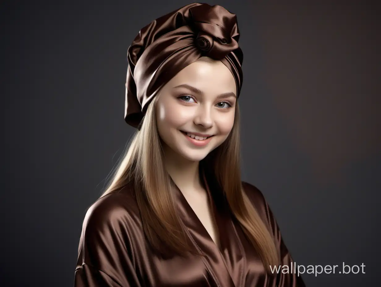 Gentle, sweet, young girl Yulia Lipnitskaya with long straight silky hair gently smiles in luxurious chocolate Silk Robe and chocolate silk Towel Turban