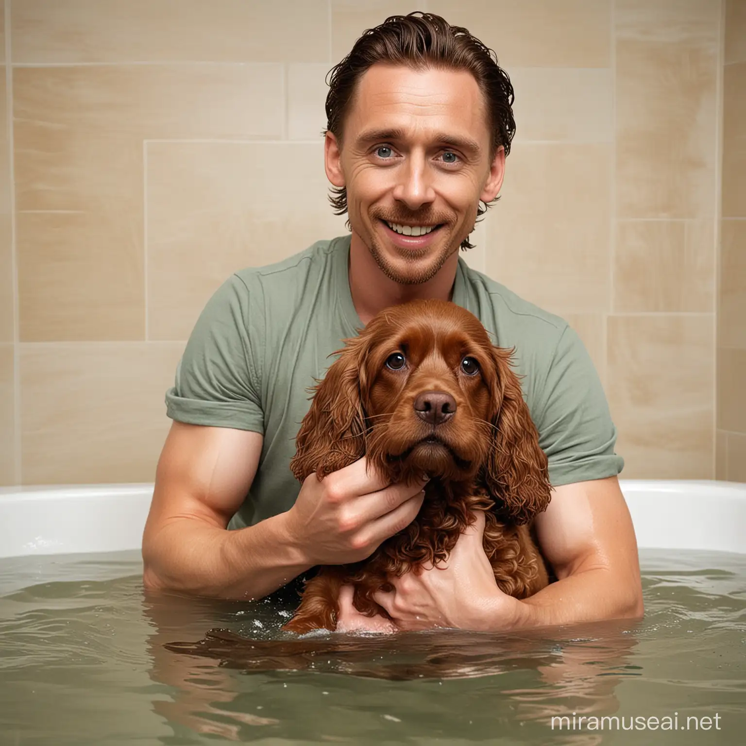 Tom Hiddleston con cocker spaniel marron  bañandose