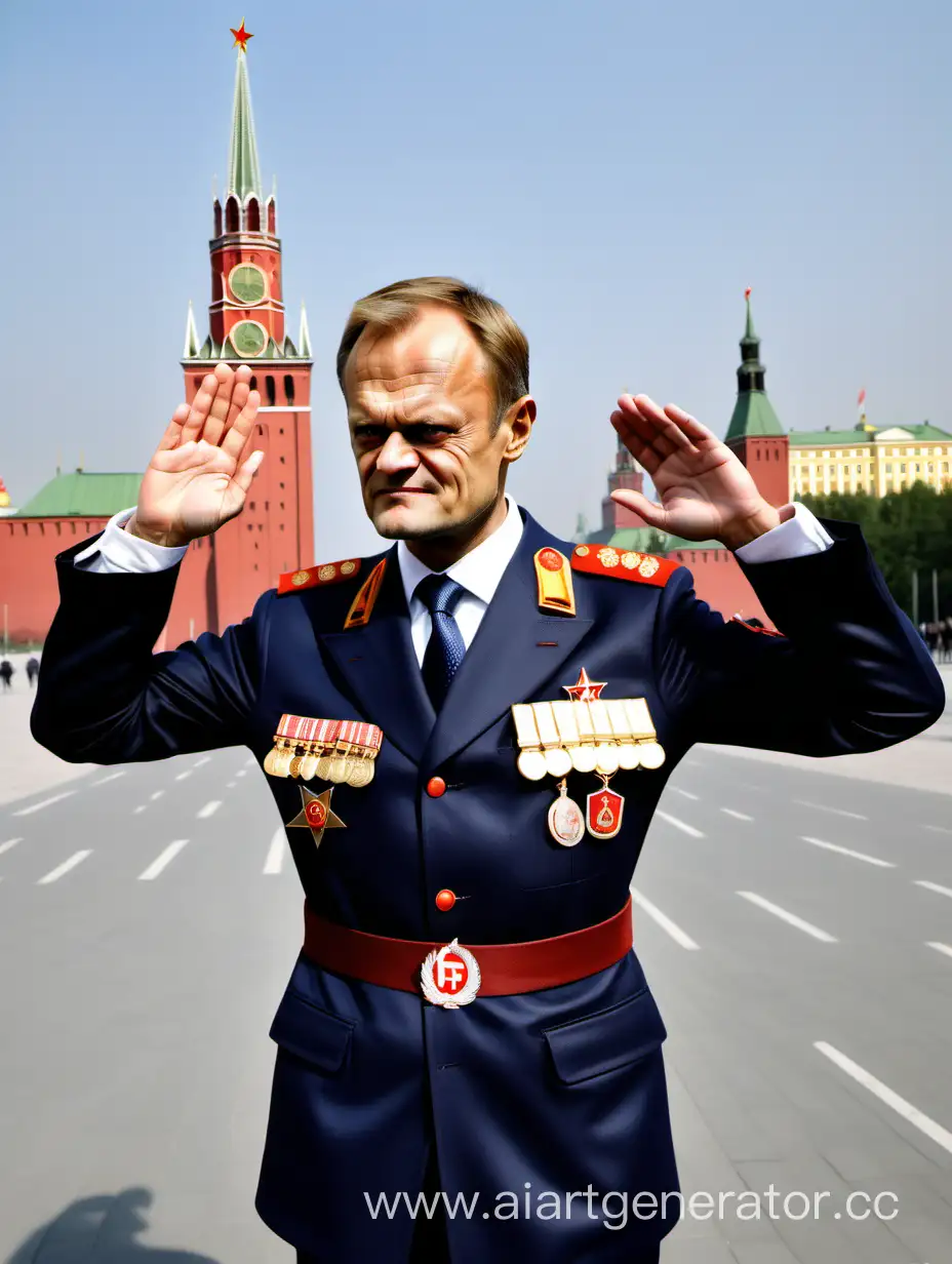Donald Tusk, polish prime minister disguised as soviet KGB spy wearing soviet uniform and saluting like nazi. The unfiorm has tons of medals. Funny picture, satire. Kremlin in background.