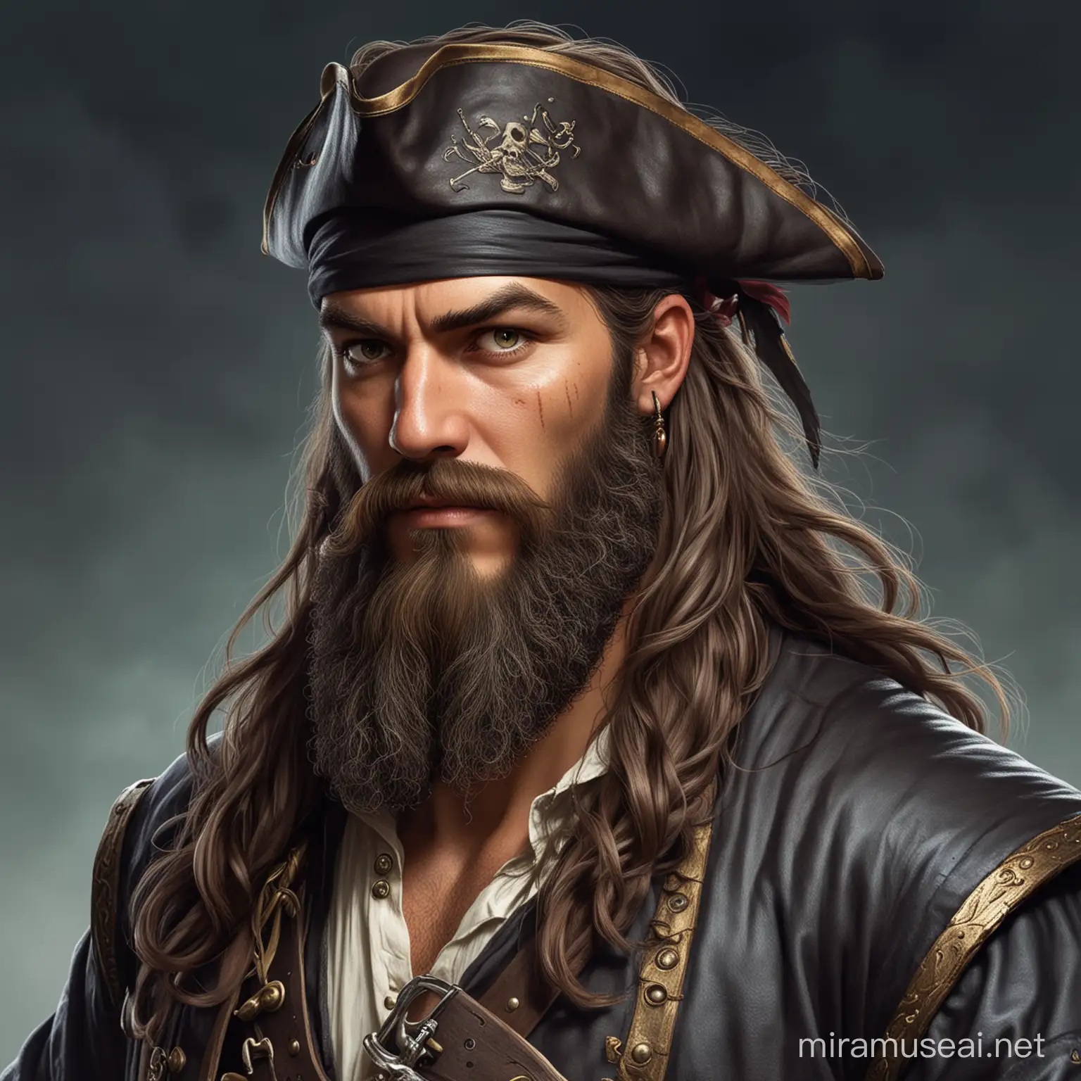 Charismatic Pirate with Flowing Hair and Voluminous Beard