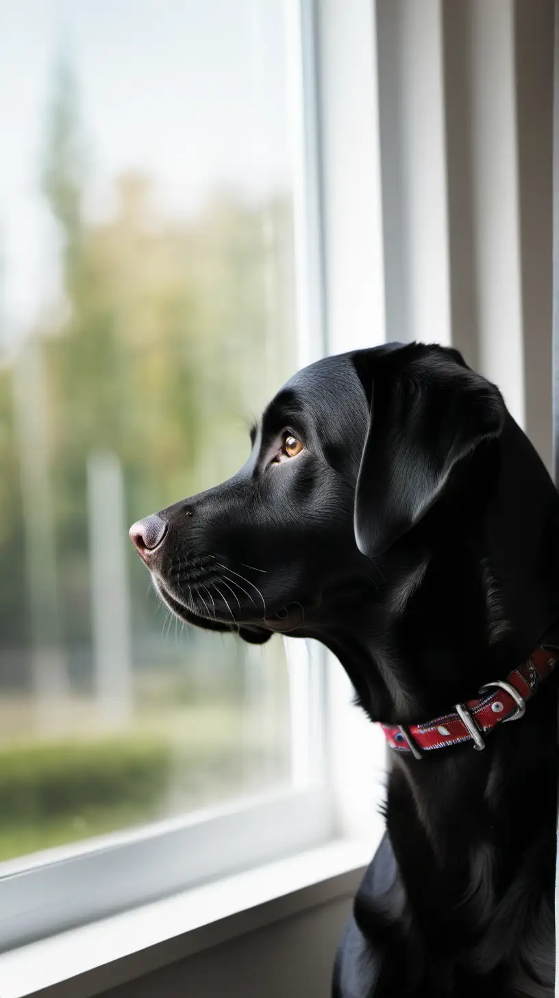 black labrador retriever waiting for its owner and looking out a window