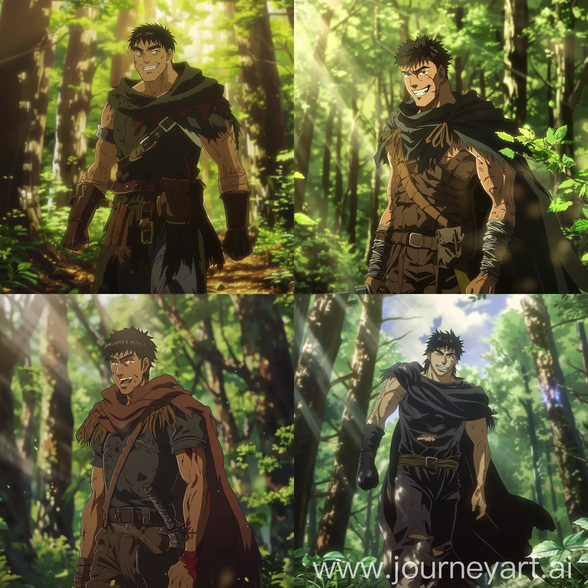 guts from anime berserk walking in the forest smiling