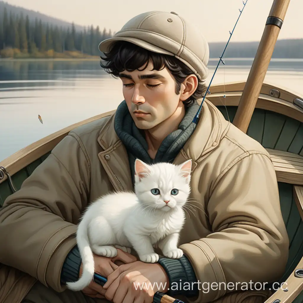 Serene-Fishing-Scene-Man-in-Boat-with-White-Kitten