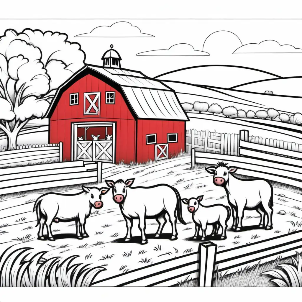 australian farm detailed cartoon drawing half colour half black and white with big red barn highlighted red, with farm animals, kids colouring book stencil, black lines only white background, fine lines, friendly cartoon