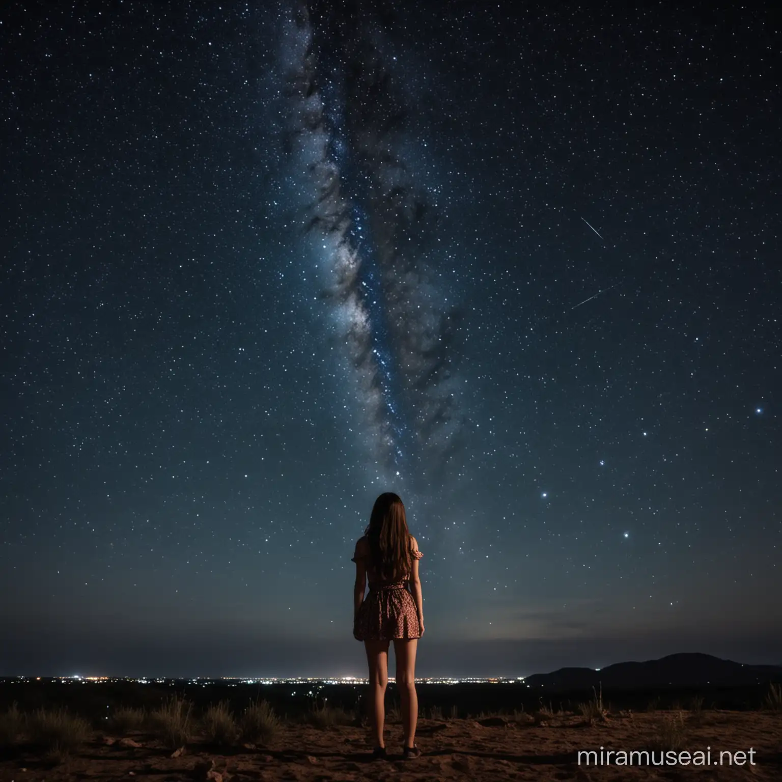 Красивая девушка смотрит на ночное небо с восхищением.Она такая маленькая по сравнению с космическим простором. 