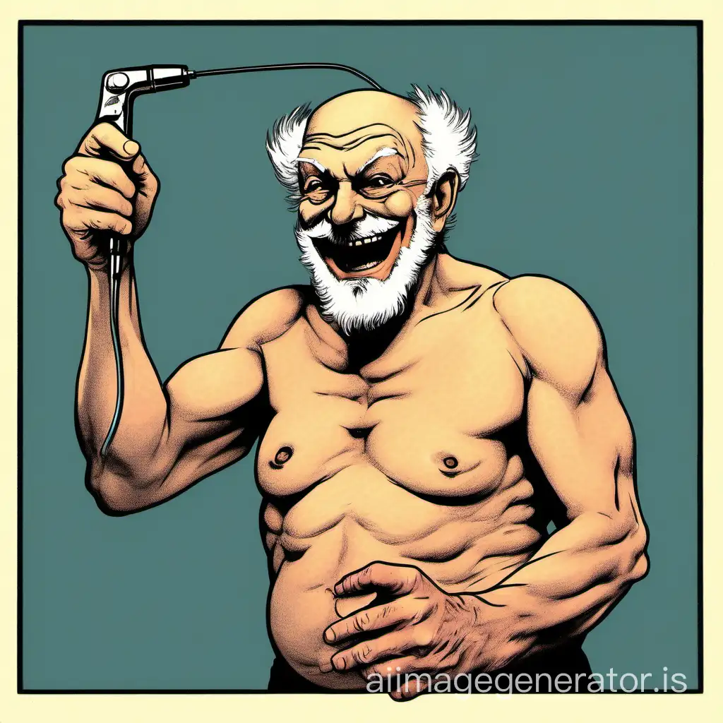 old grandpa on viagra, proud, with a big hard vascular penis, grinning pervert, naked, standing erect, oozing sperm, hairy body, full body, agile, dynamic, fit & strong, shaggy, funky, intense,, holding vibrating bdsm taser baton club, trickster, aphrodisiac, cheater, mask, sperm pump, clowny, mocking