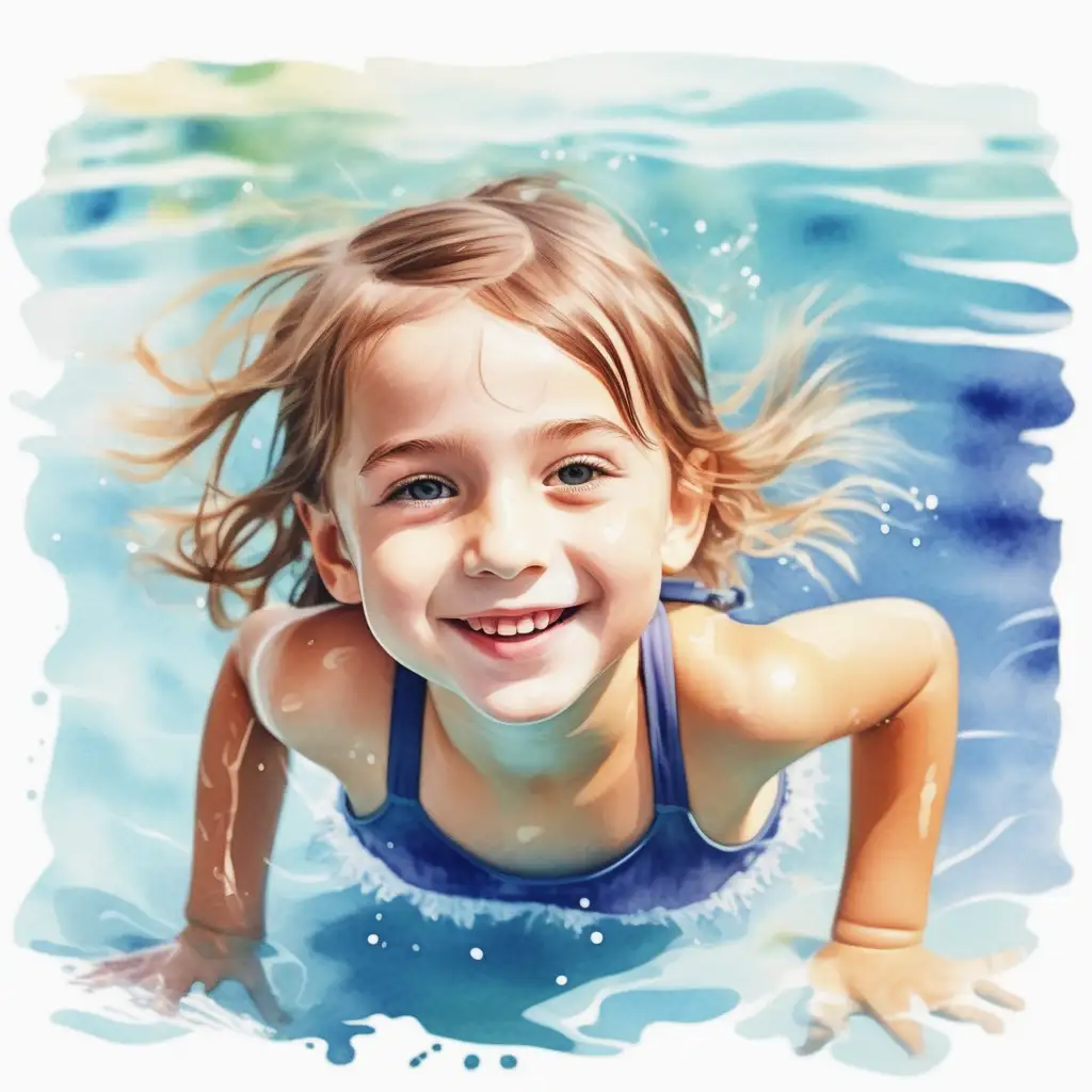 Vytvoř realistickou tvář _ kluk, holka plavou, koupou se na koupališti, mají radost, smějí se_ve stylu akvarel barev

