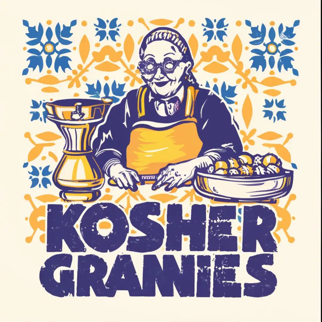 logo, Israel, yellow, blue, white, Jewish food and grannies cooking, Paul Klee, with the text "Kosher Grannies", in Portuguese tiles, typography, be used in Automotive industry