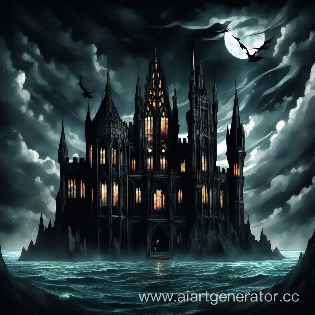 Большой готический замок чёрного цвета с большими витражами стоит на летающем острове в абсолютно пустом тёмном безжизненном пространстве 