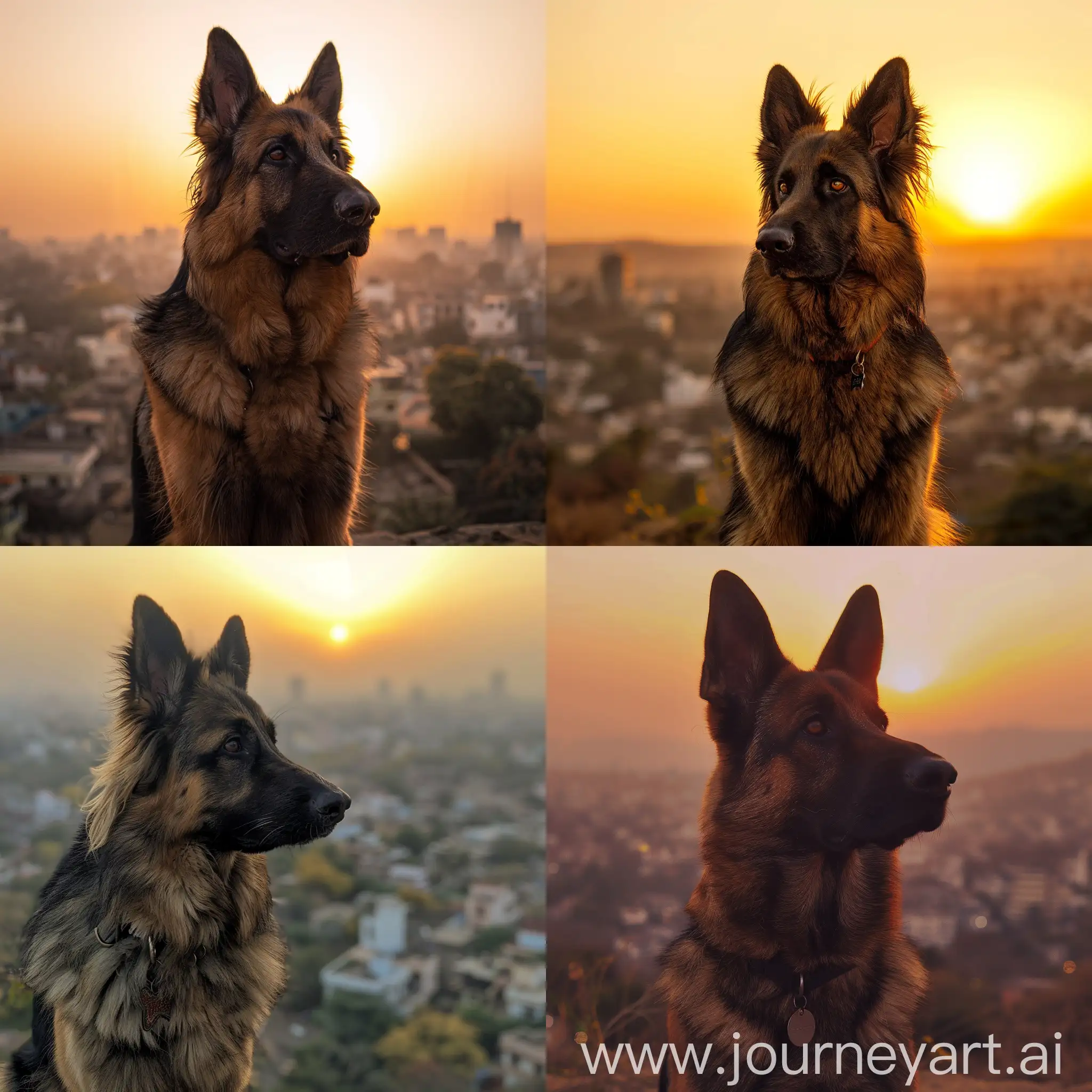 German-Shepherd-Dog-Facing-Indian-Cityscape-at-Sunset