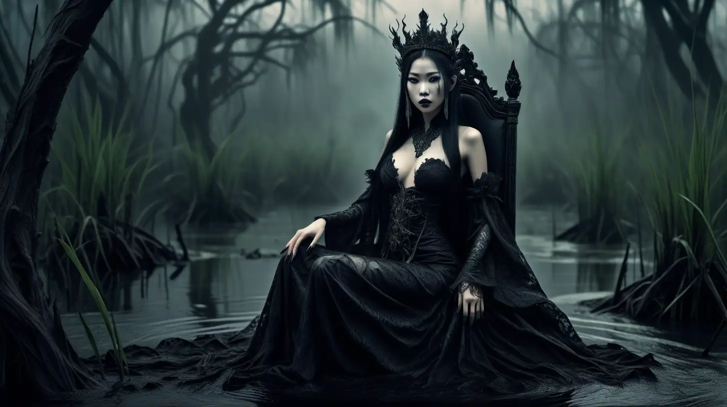 the most beautiful asian swamp queen. she is sitting on a large dark throne in the middle of the swamp. She is wearing dark intricate clothing, she has long flowing dark hair. she lives in a dark, creepy, foggy, but beautiful swamp. she looks mysterious but stunning and young. She has long dark nails. 