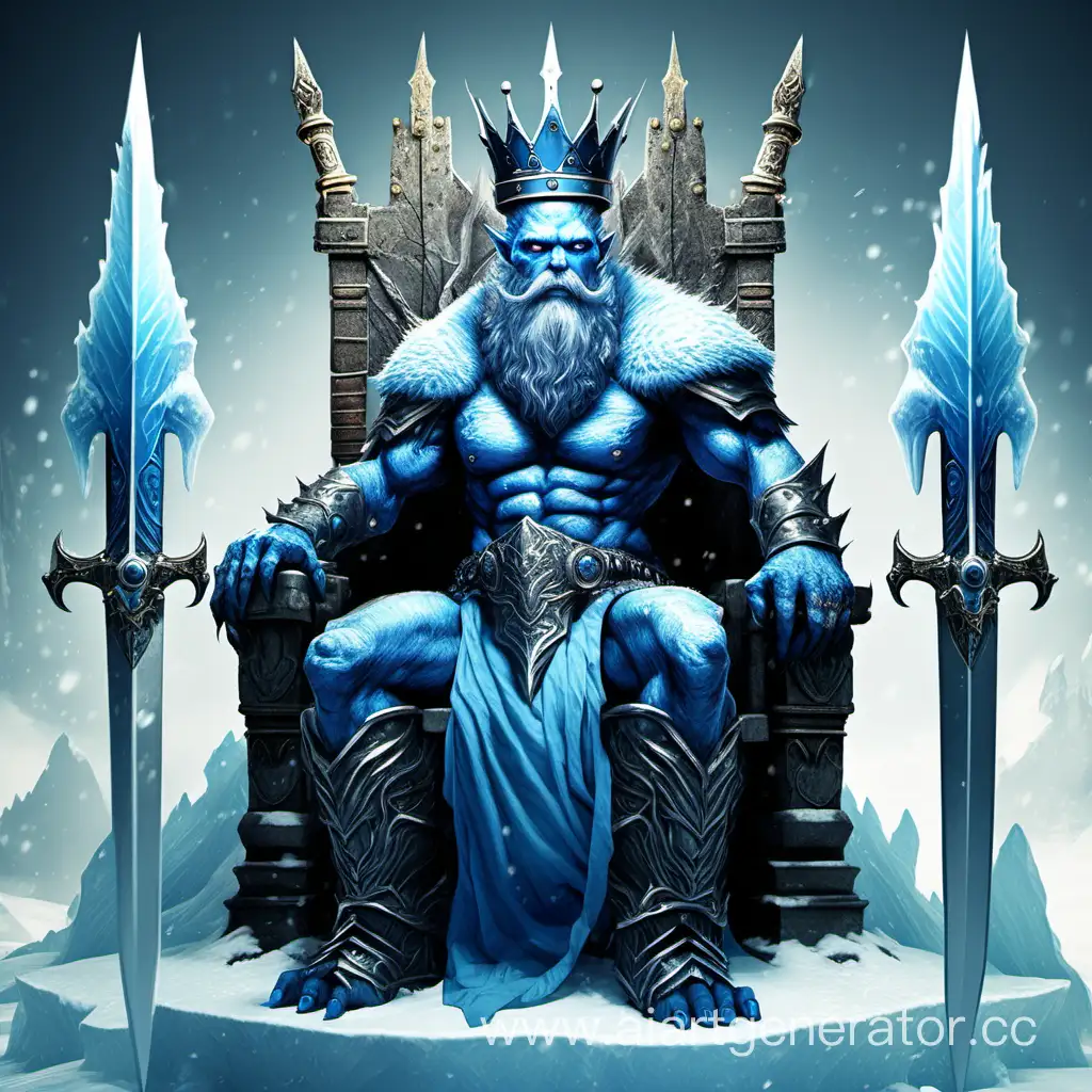 Бородатый монстр с ледяным мечом и синей кожей на троне в короне,  ракурс снизу, Фэнтези стиль



