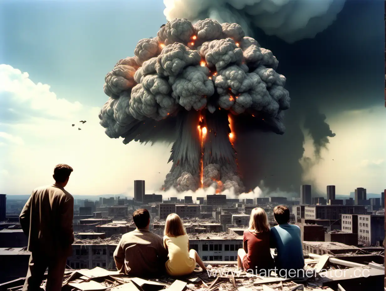 nuclear blast at a great distance,  totally destroyed city,  family of man and wife  and 2 teenage children, in  ragged clothing, being watched by marauders perched ontop of nearby building