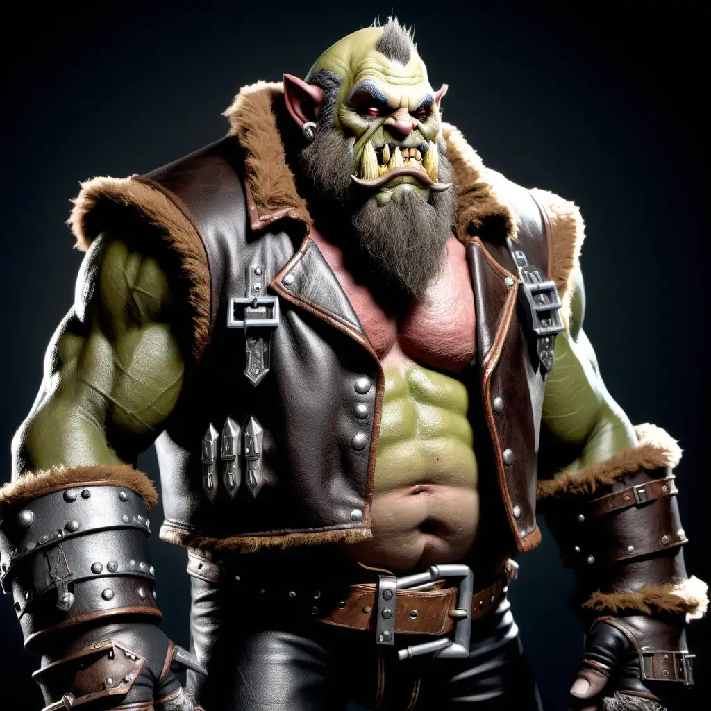 Warcraft's Orgrim Doomhammer is wearing leather chaps and a leather biker's vest. The vest is open so his chest hair can be seen.