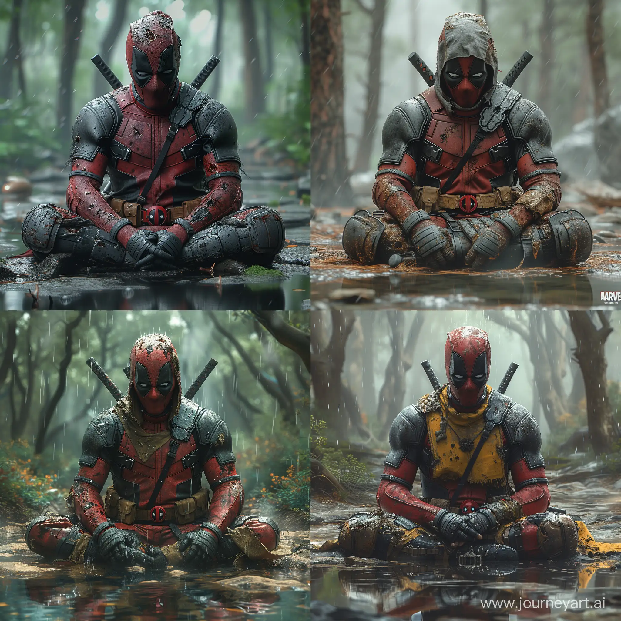 realistic image of deadpool wearing  worn-out medieval armor sits tired and exhausted, injured from battles in the middle of a forest, with effects such as rain, thunder, fog, reflections in pools of water, and raindrops on the armor. The image professional from a dramatic angle, with the addition of very precise, realistic creative touches, and it will be an amazing image that competes with international images. The angle is low to give a feeling of power and presti --stylize 750 --v 6