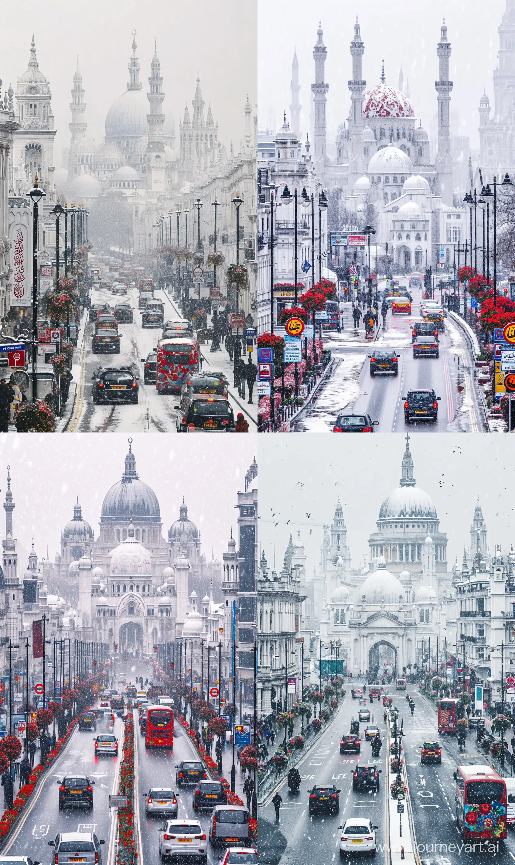 Realistic cityscape photography: a city full of medieval beautiful Islamic architectures and mosques, white marbled decorated with red blue pietra dura floral motifs, traffic and people on planned London like roads having signboards and bollards and flowers and street lamps, snowfall --ar 3:5 --v 6