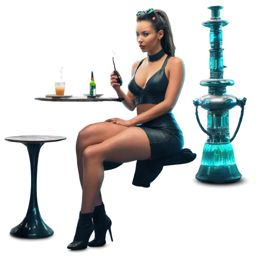 cyberpunk, gorgeous booty lady, cafe, smoking hookah, night city