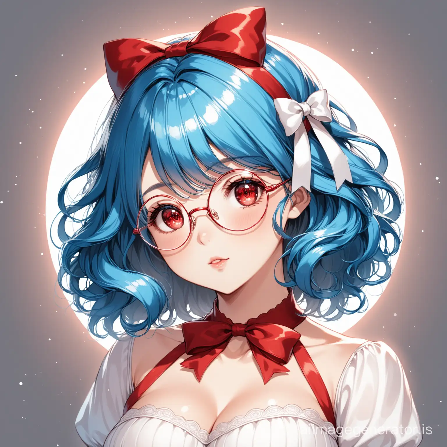 Adult big-breasted girl with blue hair, hair shimmering red, she has red eyes, in big round glasses, in a beautiful black-and-white dress, hair slightly curly, with 2 cute white ribbons on her head