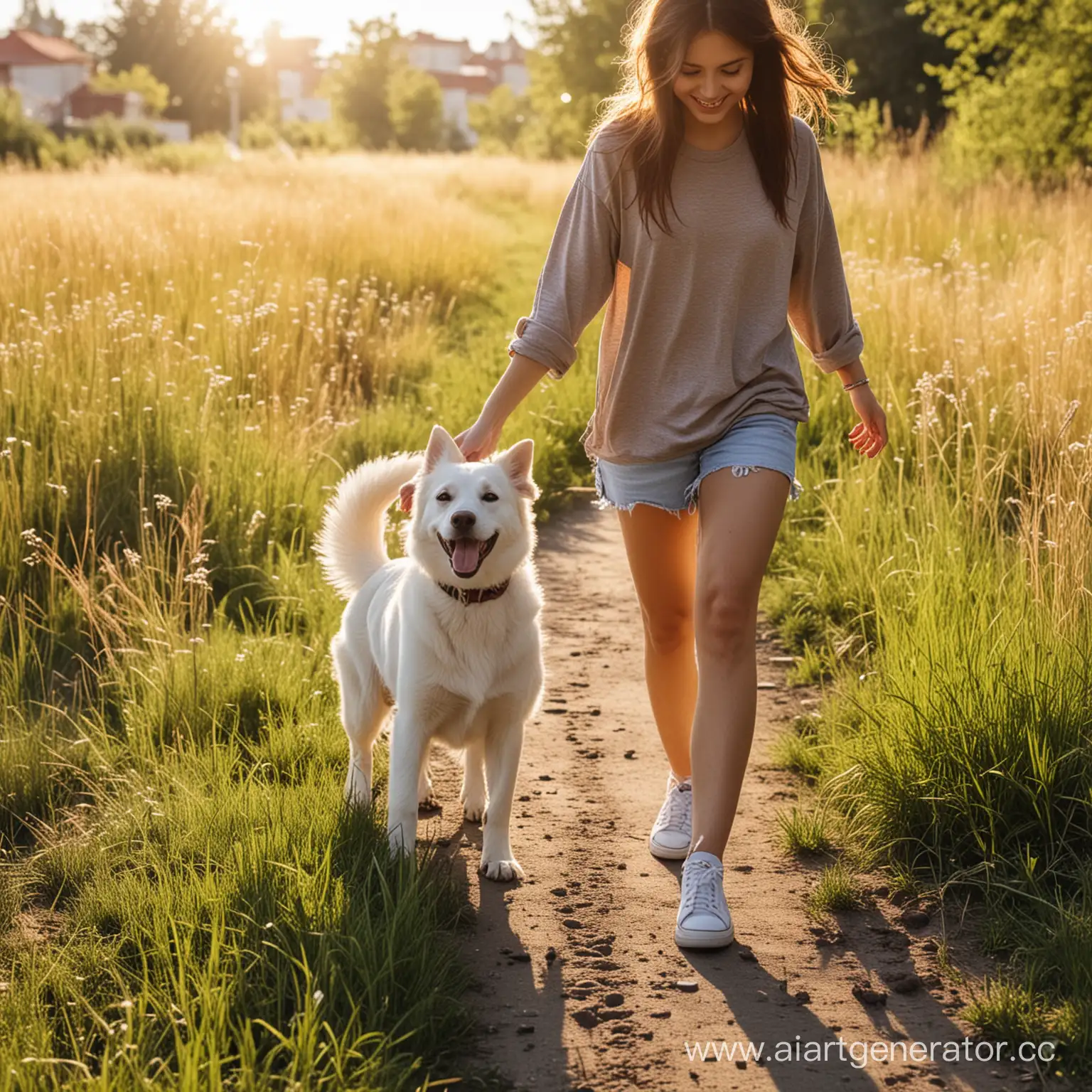 Girl-Walking-Her-Dog-on-a-Sunny-Day-in-Urban-Park