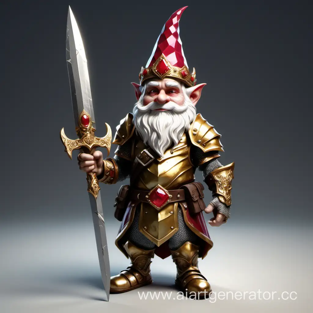 Tall gnome is a leader with a serious expression on his face. He is dressed in gold, slightly worn armor. in his hands he holds a large sword with a golden hilt, which, like the armor, is decorated with rubies. on his head is a crown with the largest ruby.