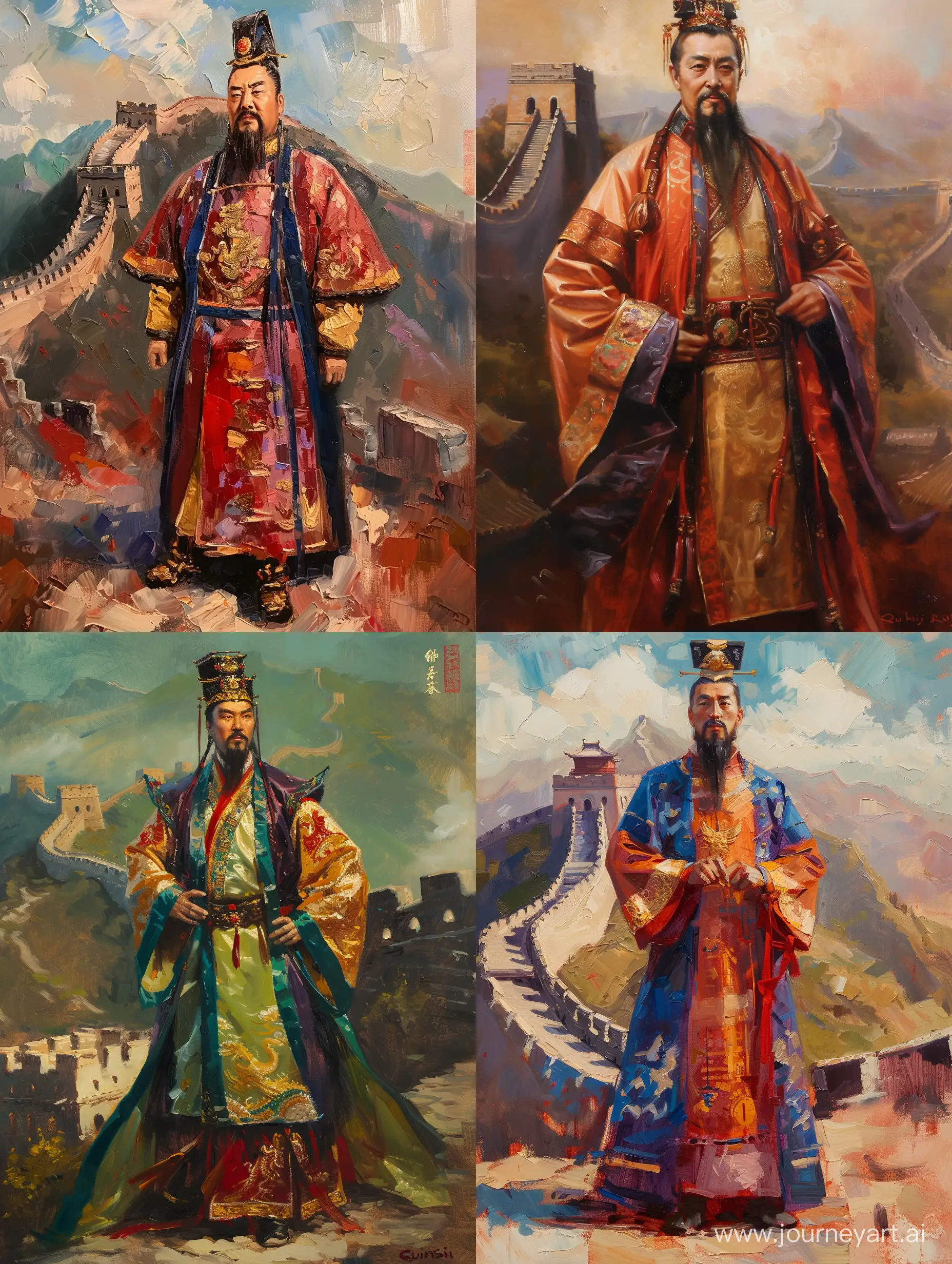 Chinese emperor Qin Shi Huang in traditional attire. Standing tall. The Great Wall of China themed background. Chinese essential. Oil painting. Brush strikes.