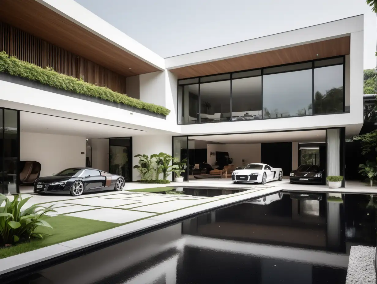 Minimalis luxury House in town  inspired by Louis Kahn, modern tools, more wide space, high ceiling, with swimming pool, Car garage, Audi Le Mans Concept, Orchid and lily garden, outside, exterior design, cold-warm vibes, broken white-brown-black tone, diagonal angle, --v 6
