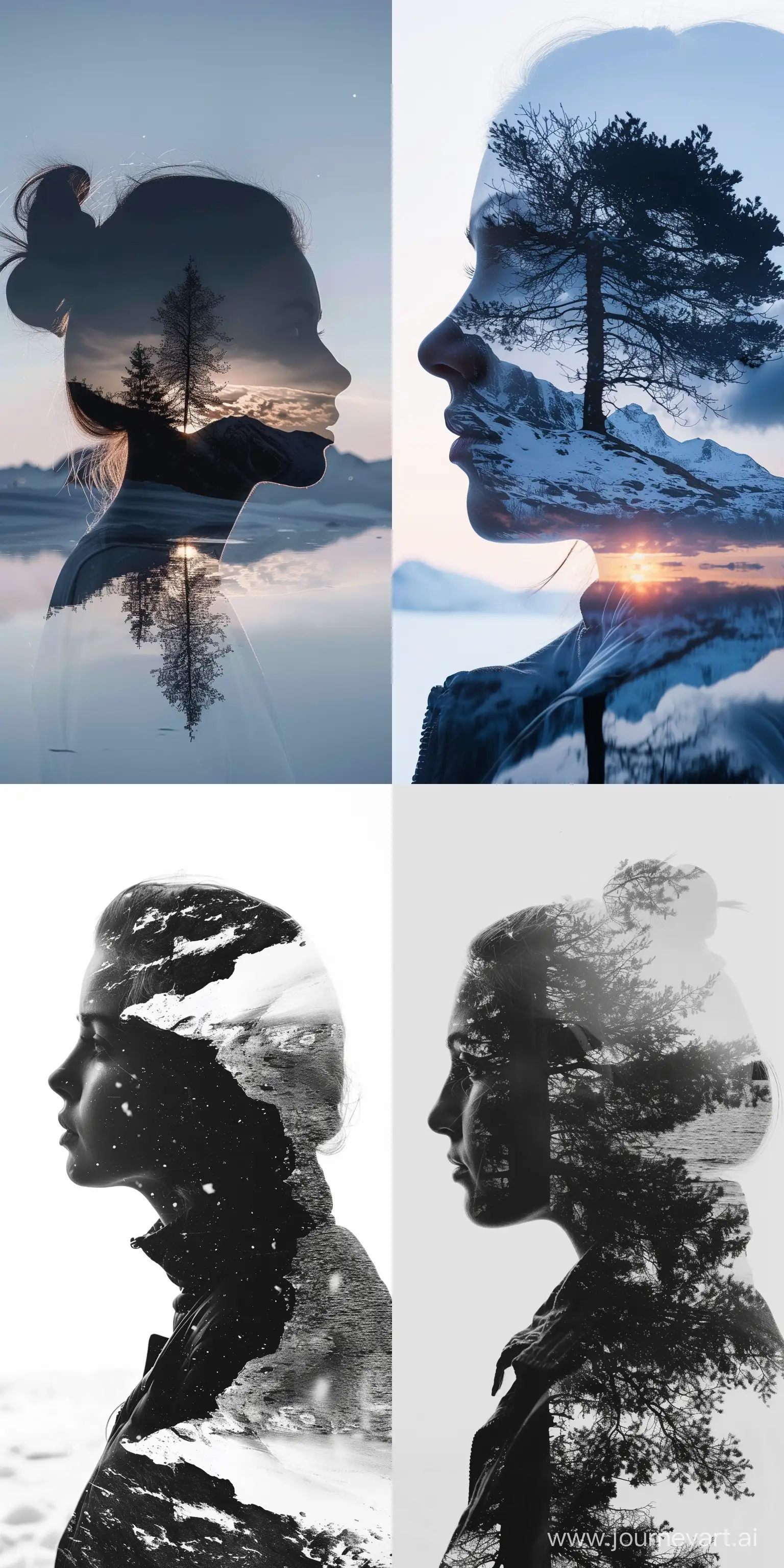 creative perfect Double exposure, silhouette, Nordic Landscape --ar 1:2