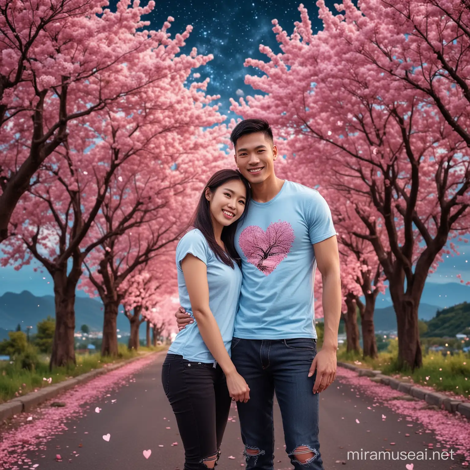 photography A couple of Asian men and women smiling faintly, wearing the same light blue t-shirt with a picture of a heart, the woman is carrying the man, facing each other, ripped black jeans, looking in a very romantic pose, the background is a road of pink cherry trees falling, mountains. the night sky is full of stars, UHD, ultra high quality