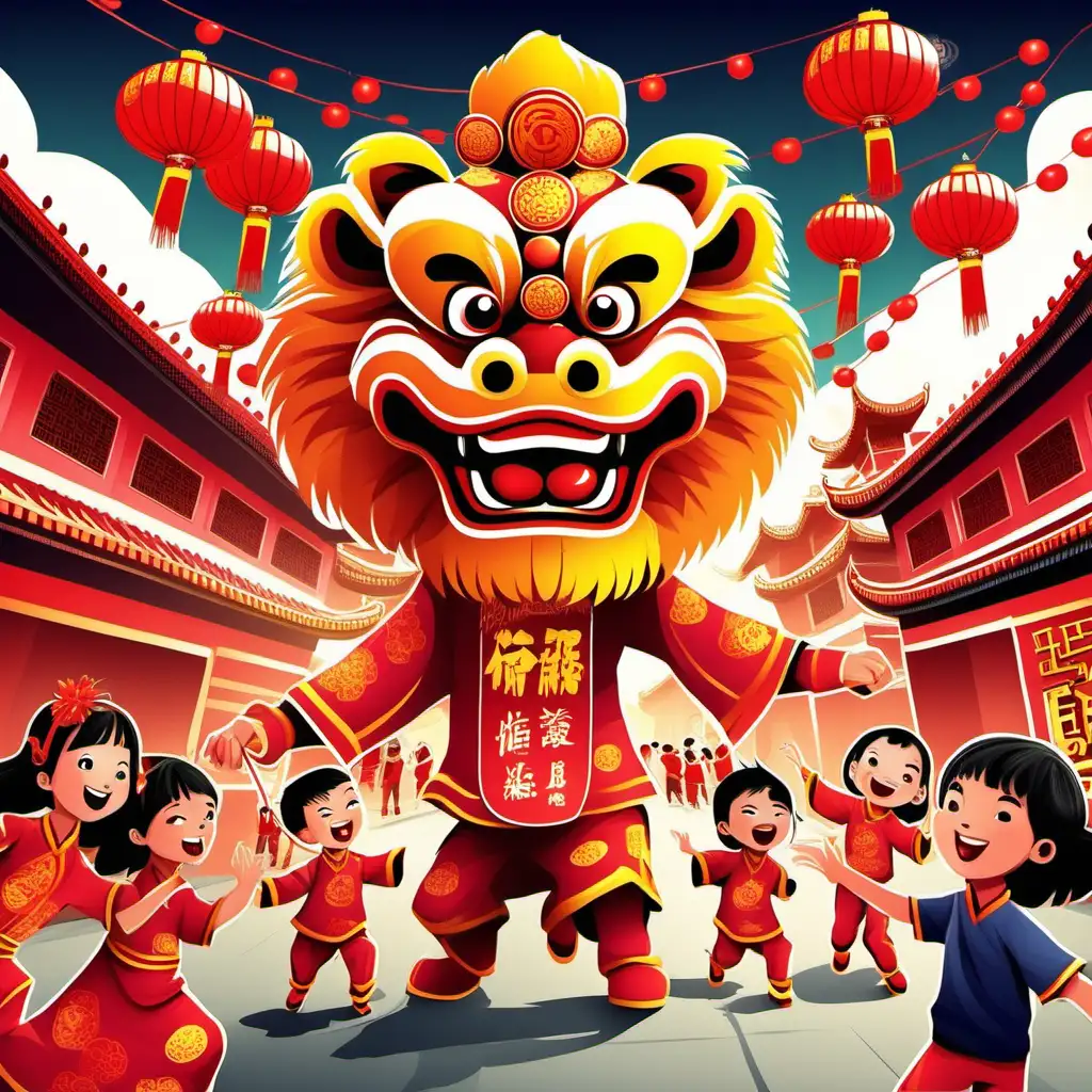 Vibrant Chinese New Year Kids Illustration with Lion Dance Celebration