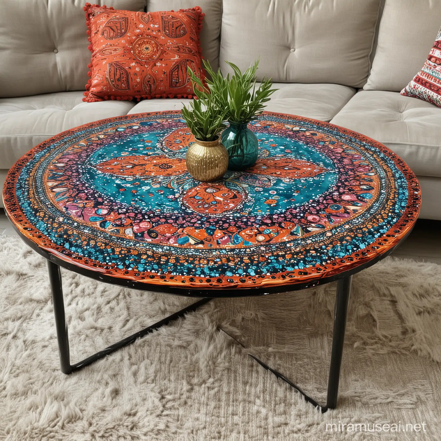 Bohemian Gypsy Epoxy Coffee Table Colorful Resin Art Furniture Piece