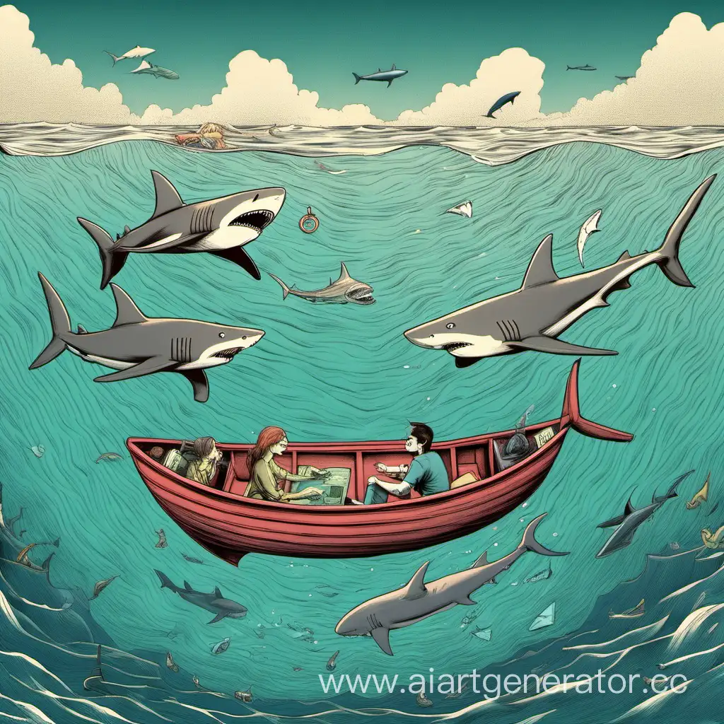 Двое людей в лодке на море, вокруг лодки акулы плавают 