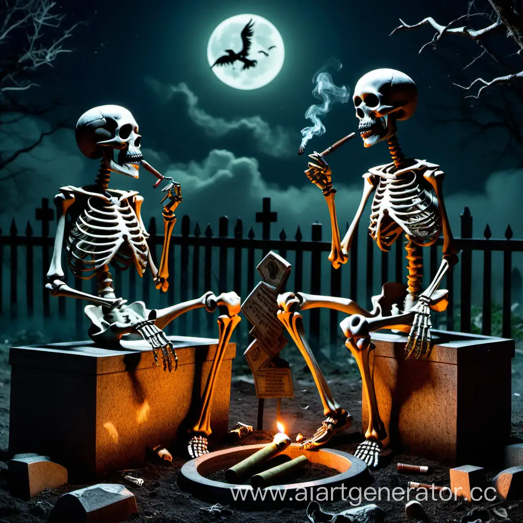 Nighttime-Graveyard-Conversation-Between-Skeletons-with-Cigars