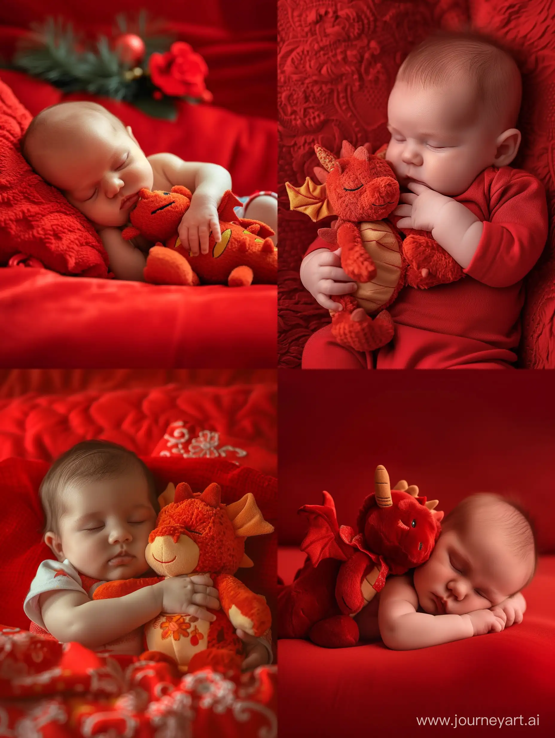 A beautiful scene unfolds as a baby lovingly cradles a dragon plushie while peacefully sleeping. The vibrant red theme adds an adorable and cute touch to this animated, cartoon-like setting. Captured in a portrait style, this image exudes the highest quality of 8k HDR, enhancing its stunning beauty. 