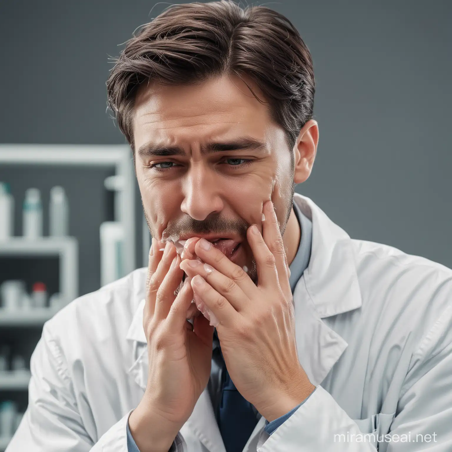 Male Molecular Biologist Crying in Laboratory Setting