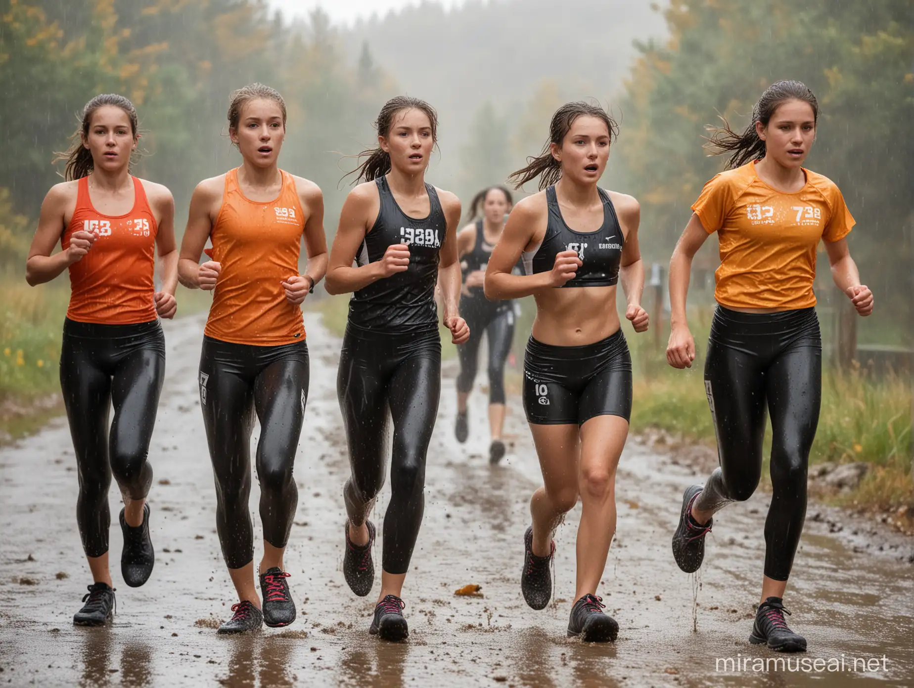 A group of 7 very young female middle school students, seven young girls of 9 to 13 years old, diverse ethnic origin including european and asian girls, reaching the finishline of a triathlon, running and looking extremely exhausted and sweaty and soaked from rain and heavy weather, during autumn with rainfall, on a track in the austrian mountains, wearing skinny tight running leggings and short cropped top with numbers, used and worn-out and dirty from running in mud and rain, high quality image, very detailled, rich skin and clothing texture, raw image, natural light